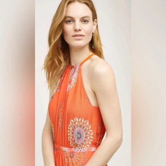 Anthropologie Floreat Livia Floral Halter Dress SZ 8 Orange - Picture 3 of 10